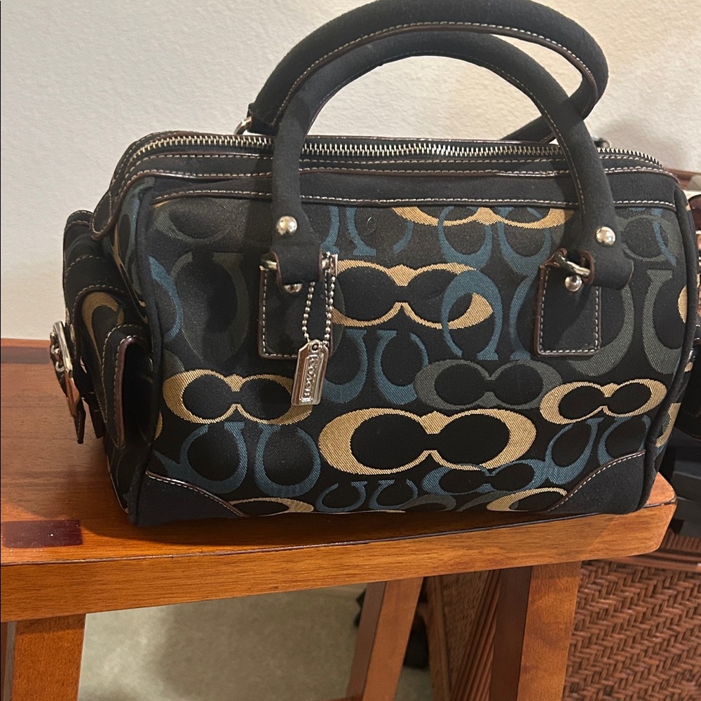Coach Satchel in Black, Blue & Tan Signature Print